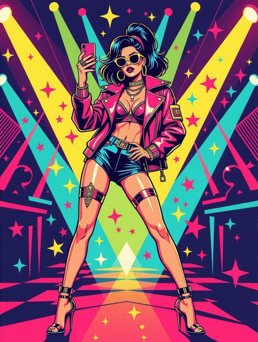 Neon Punk Girl in Vibrant Club Scene, Vector Art Style