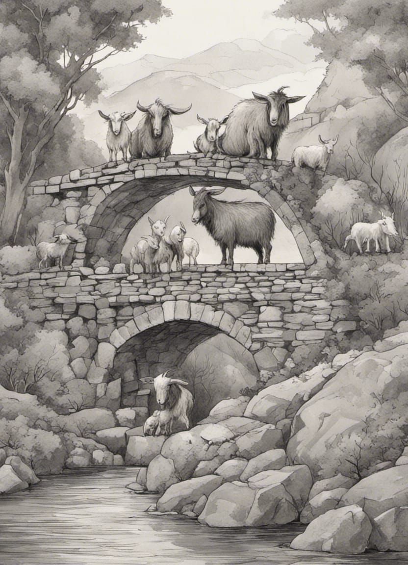 Grumpy Troll Under Stone Bridge with Goats