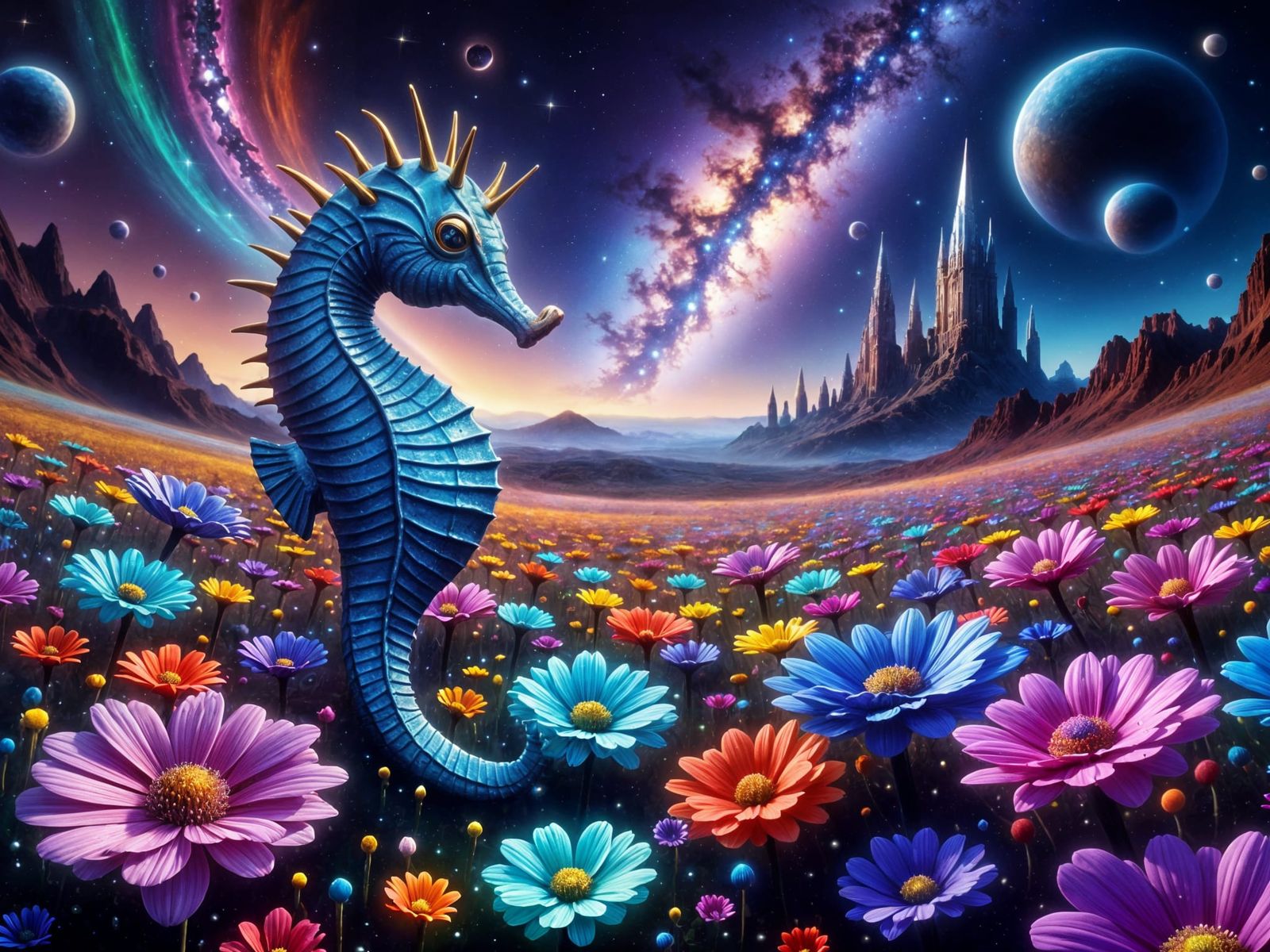 Otherworldly Seahorse Amidst Alien Wildflowers in a Crystal ...
