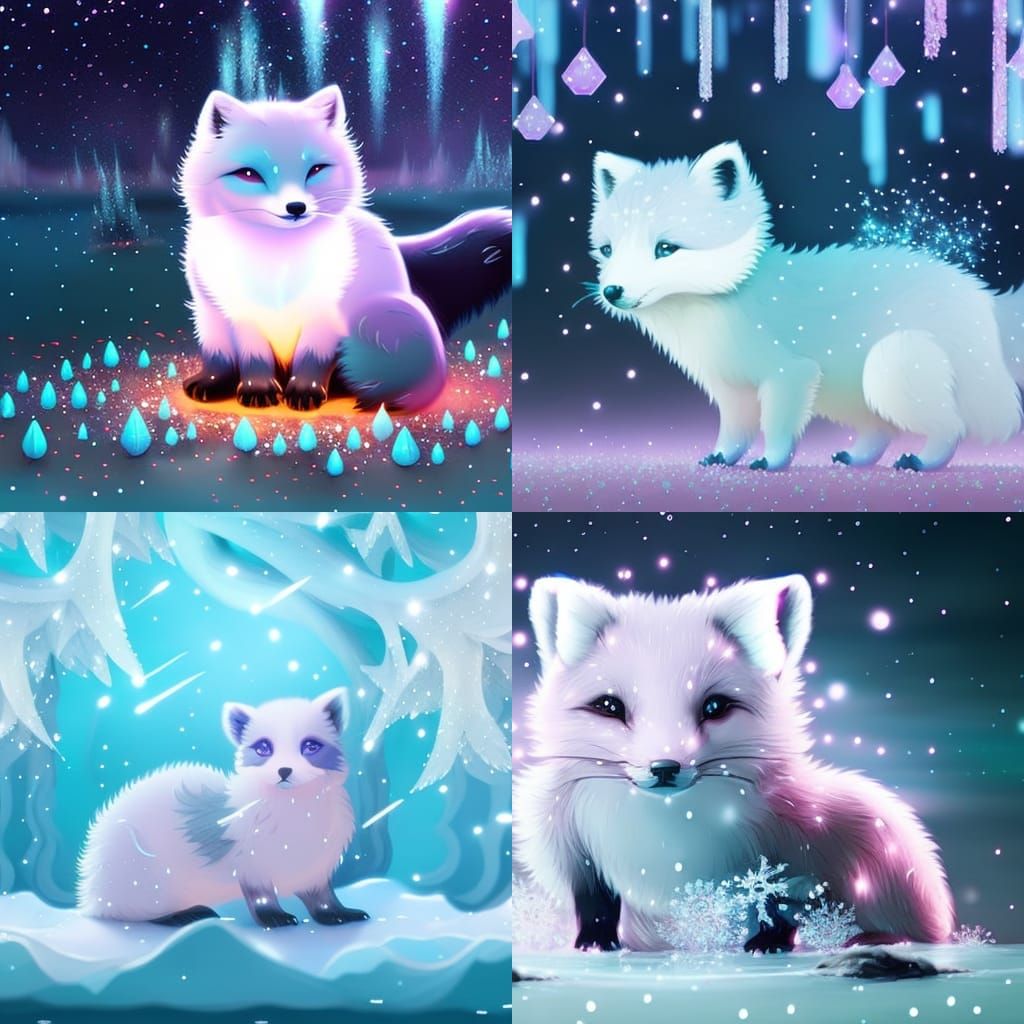 Adorable Arctic Fox Cub with Glowing Snow, Cartoon Style