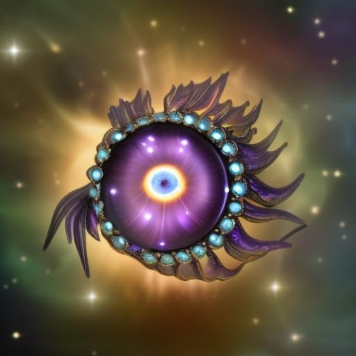 intricate and gorgeous jewels amethyst sauron eye made as explosion of supernova on bioluminescent golden coral glow gal...