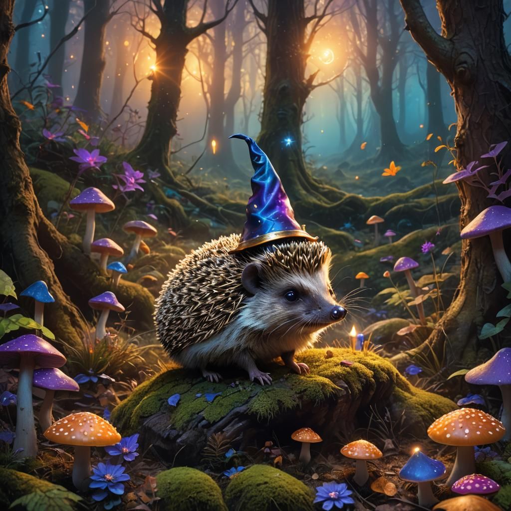 Wizard Hedgehog Casting Spell in Mystical Forest