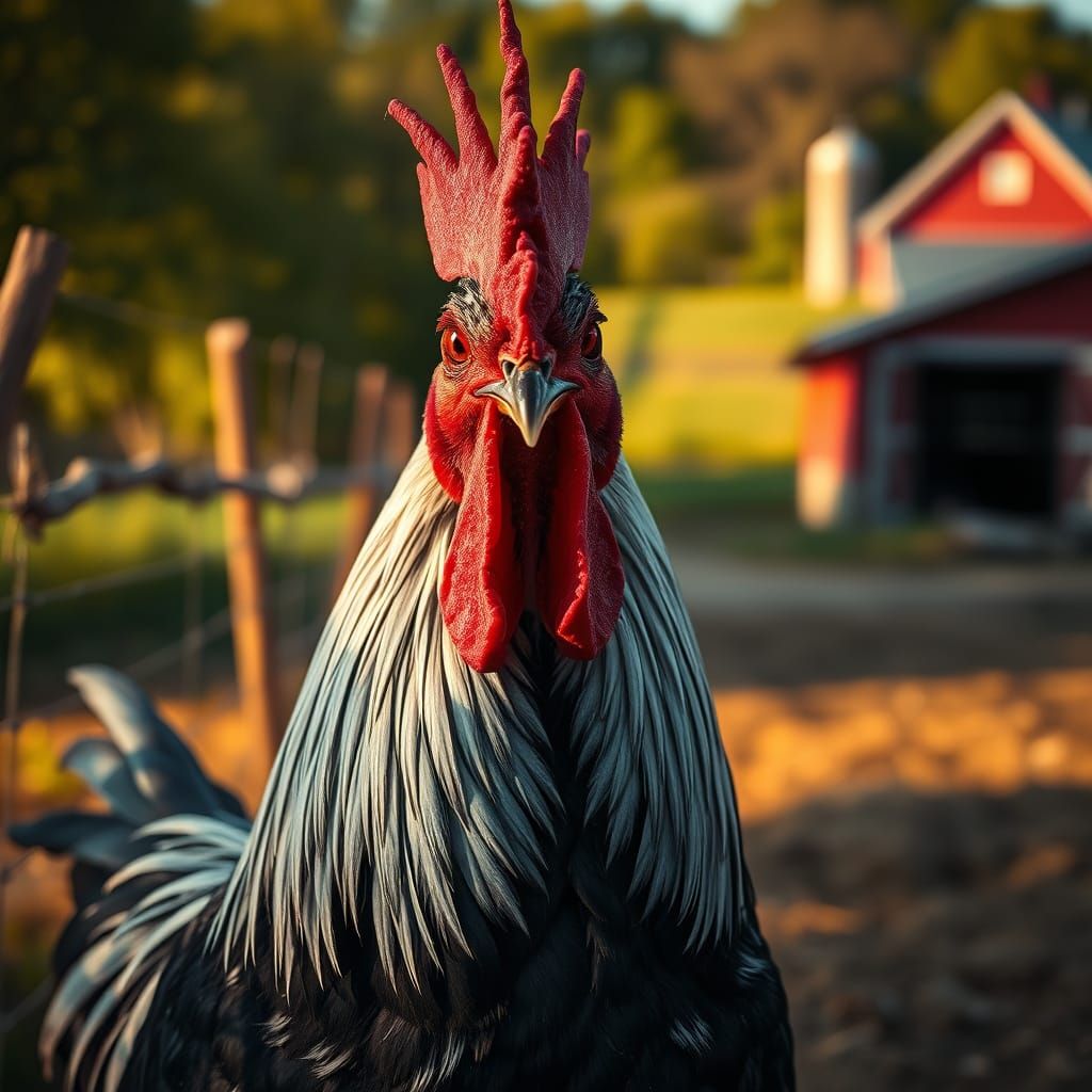 Expressive Rooster Dominates Golden Farmyard Scene