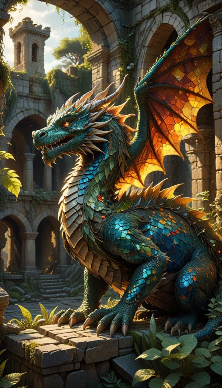 Ethereal Mosaic Dragon Amidst Ancient Ruins in Golden Light