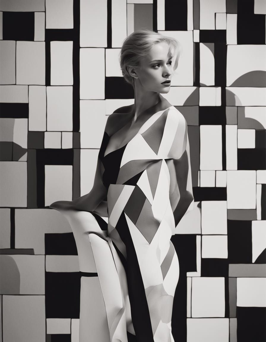 Woman Merges with Geometric Wall Art in Film Noir Style