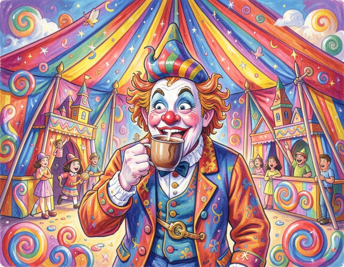 Clown Enjoys Hot Chocolate in Vibrant Candy Circus