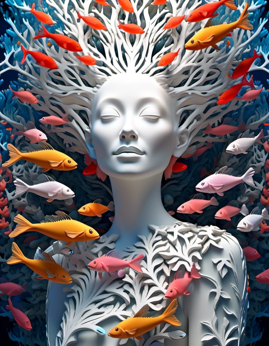 Surreal Woman Sculpture in Coral Fractal Forest