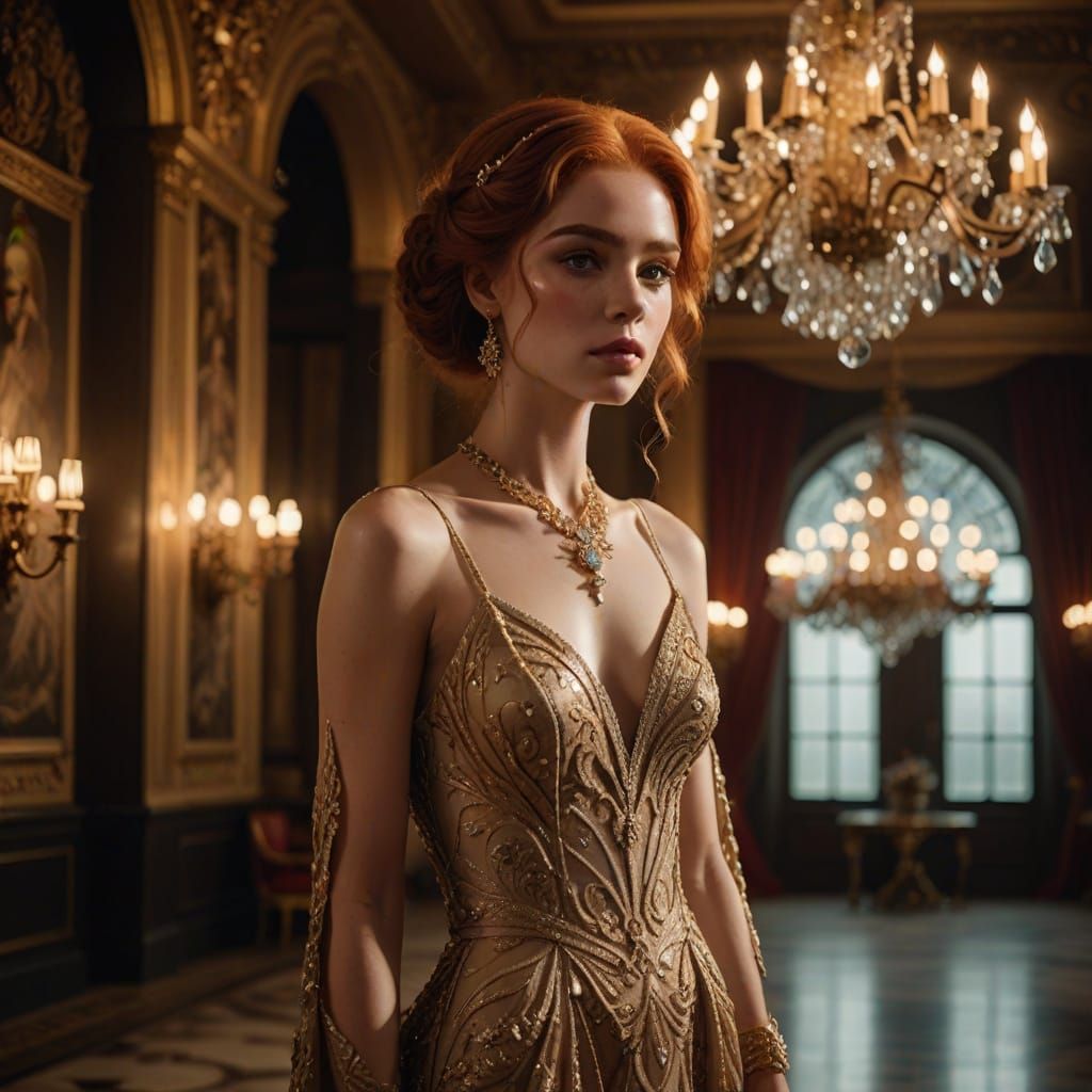 Glamorous Redhead in Luxurious Evening Attire