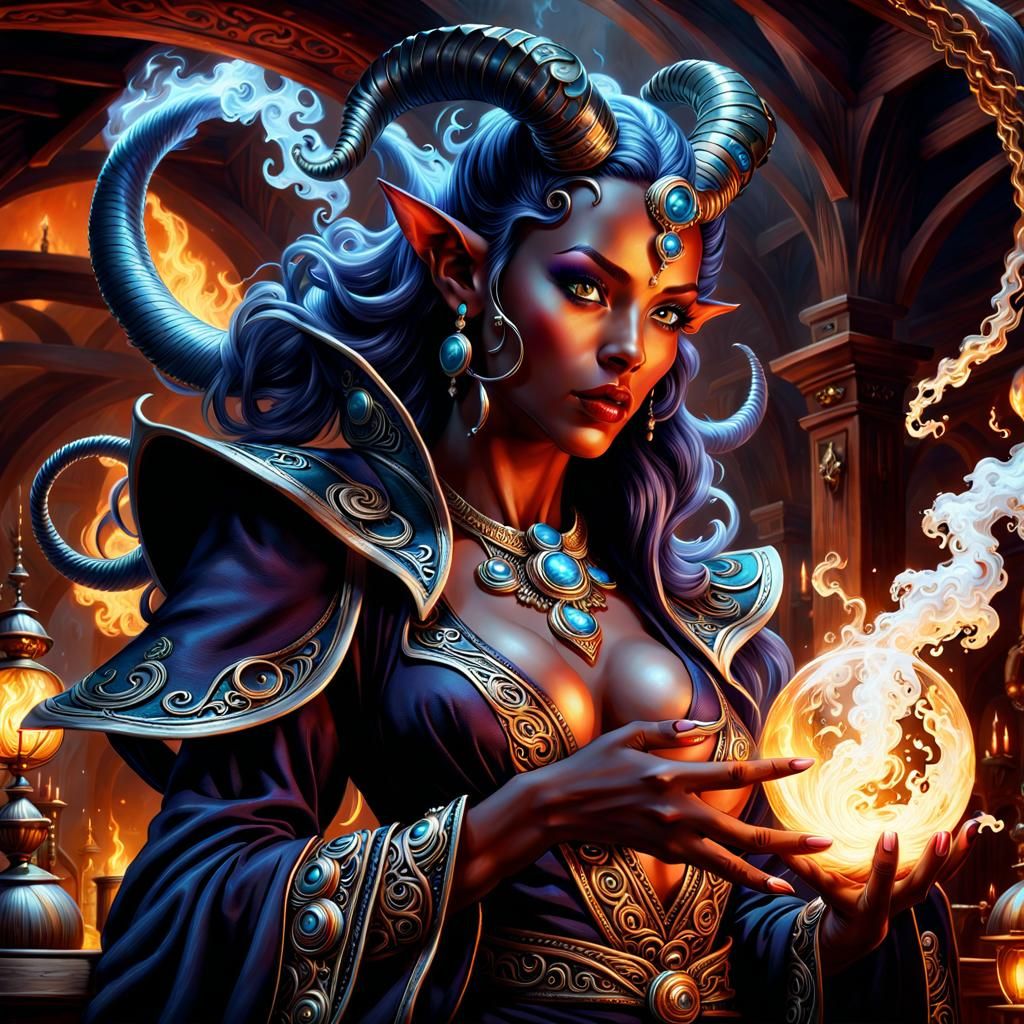 Elegant Tiefling Sorceress Conjures Vaporous Elements