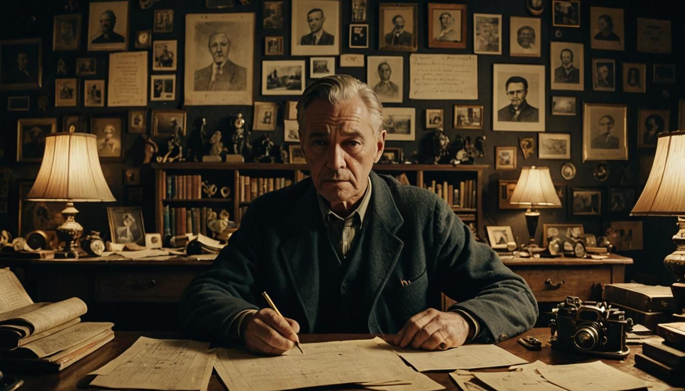 Mysterious Man at Cluttered Desk: Cinematic Film Still