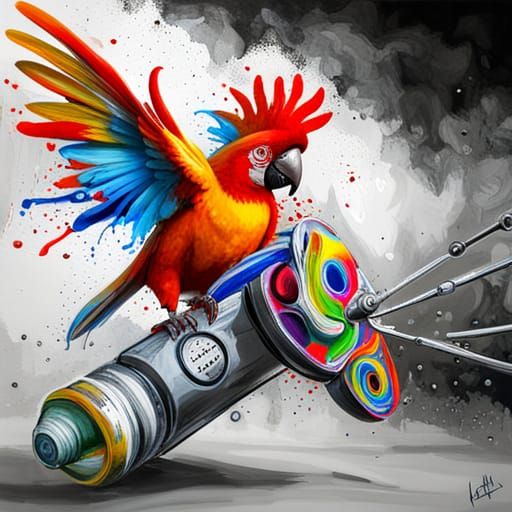 Polychromatic Parrot Graffiti Art with Toys