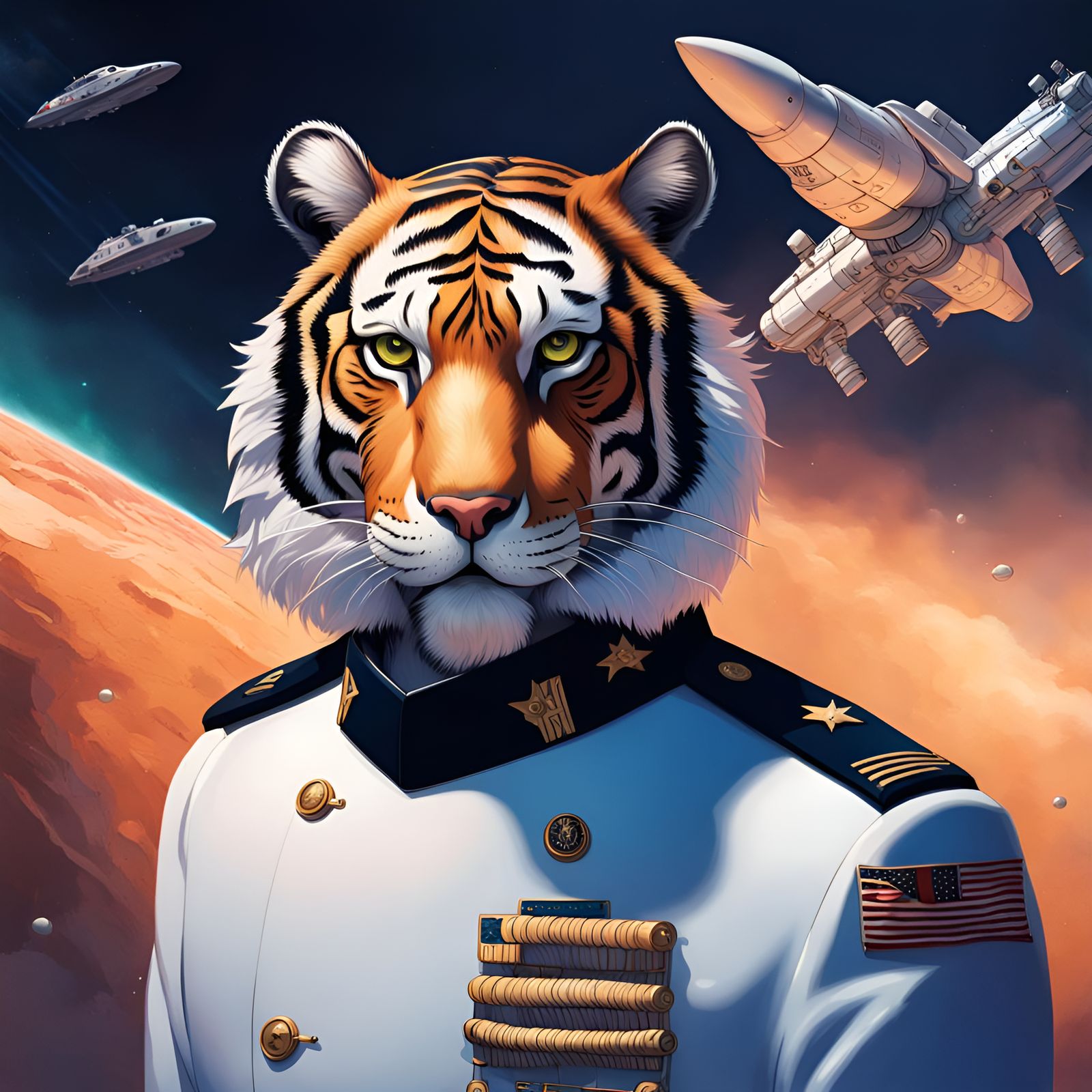 Anthropomorphic Tiger Admiral in Spaceship Concept Art