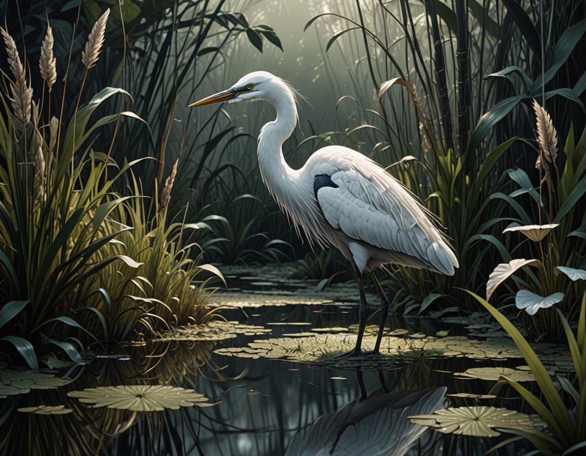 Elegant Egret in Dreamlike Swamp Landscape