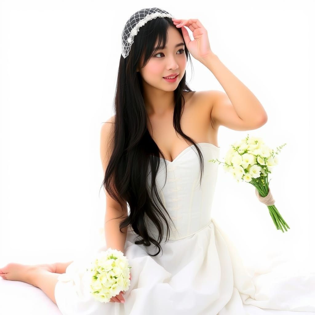 Elegant Japanese Woman in White with Flowers