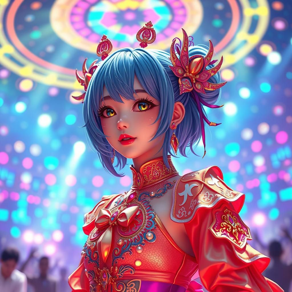 Dynamic Kawaii Idol in Futuristic Concert Setting