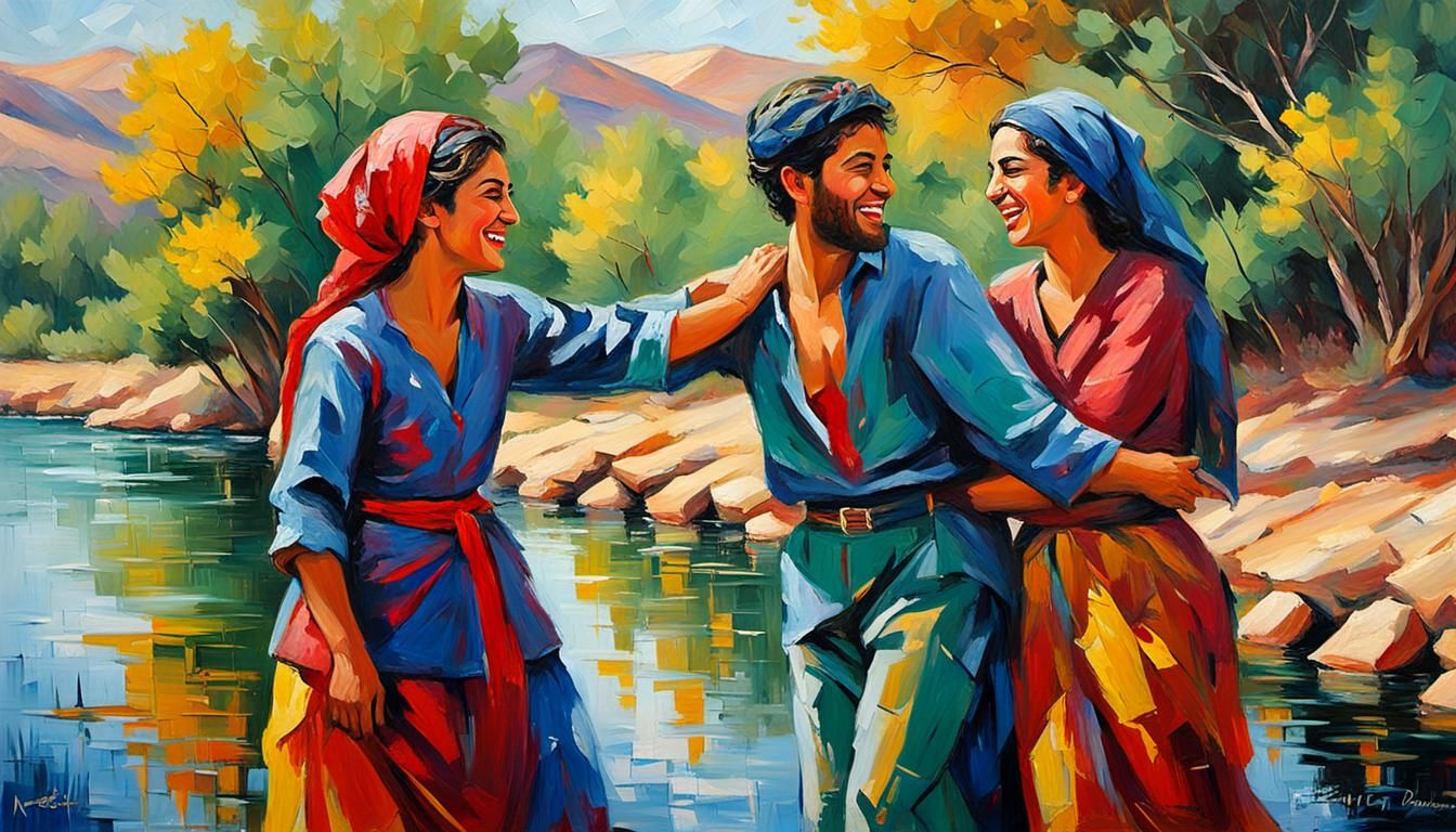 Algerian Lovers Laughing by River: Etienne Dinet Style