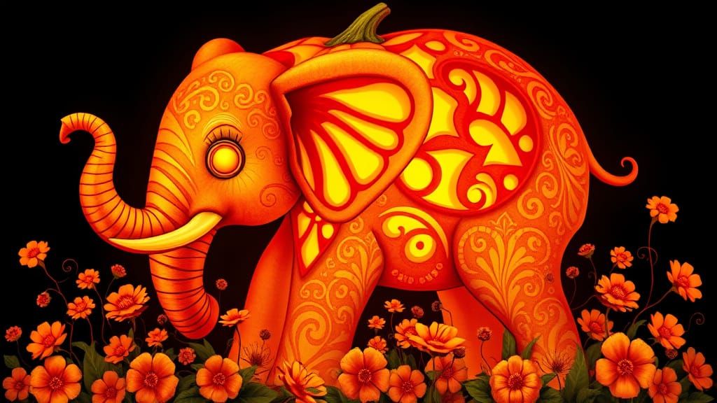 Glowing Pumpkin Elephant Sculpture with Floral Accents