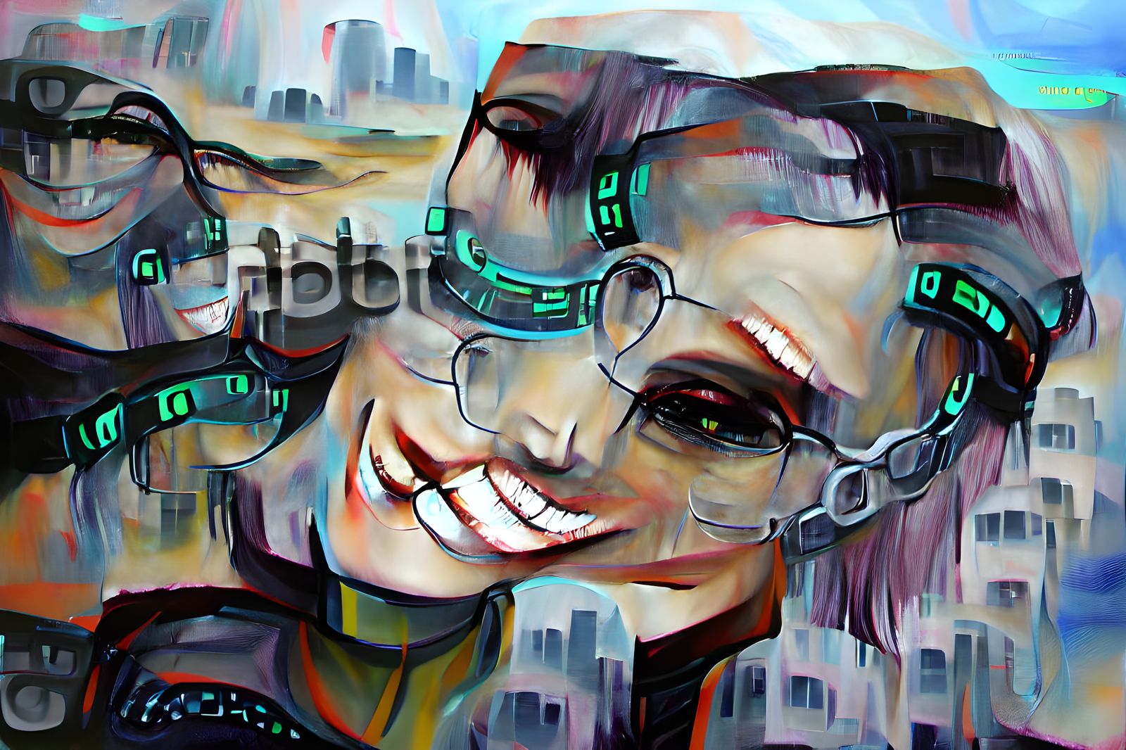 Cyberpunk Woman Smiling in Dystopian City