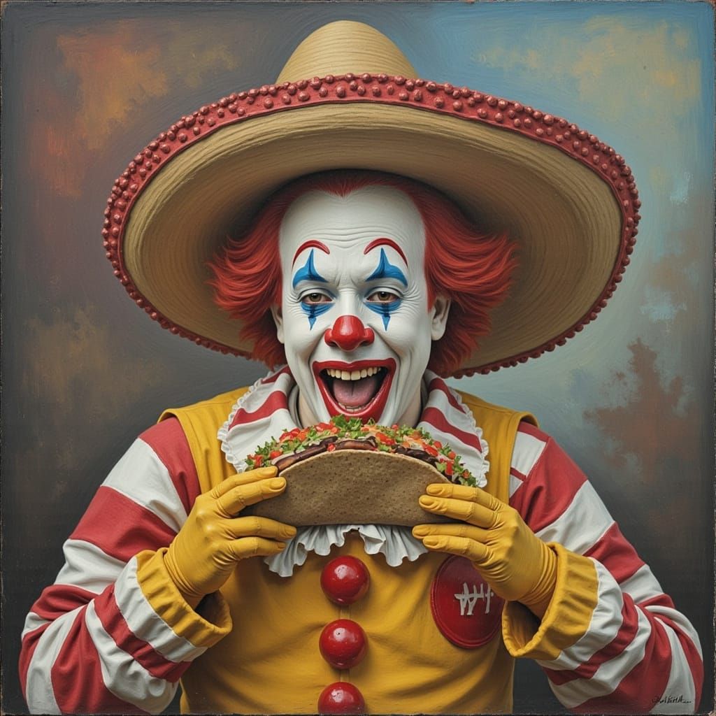 Ronald McDonald Enjoys Taco in Sombrero, Chalk Oil Painting