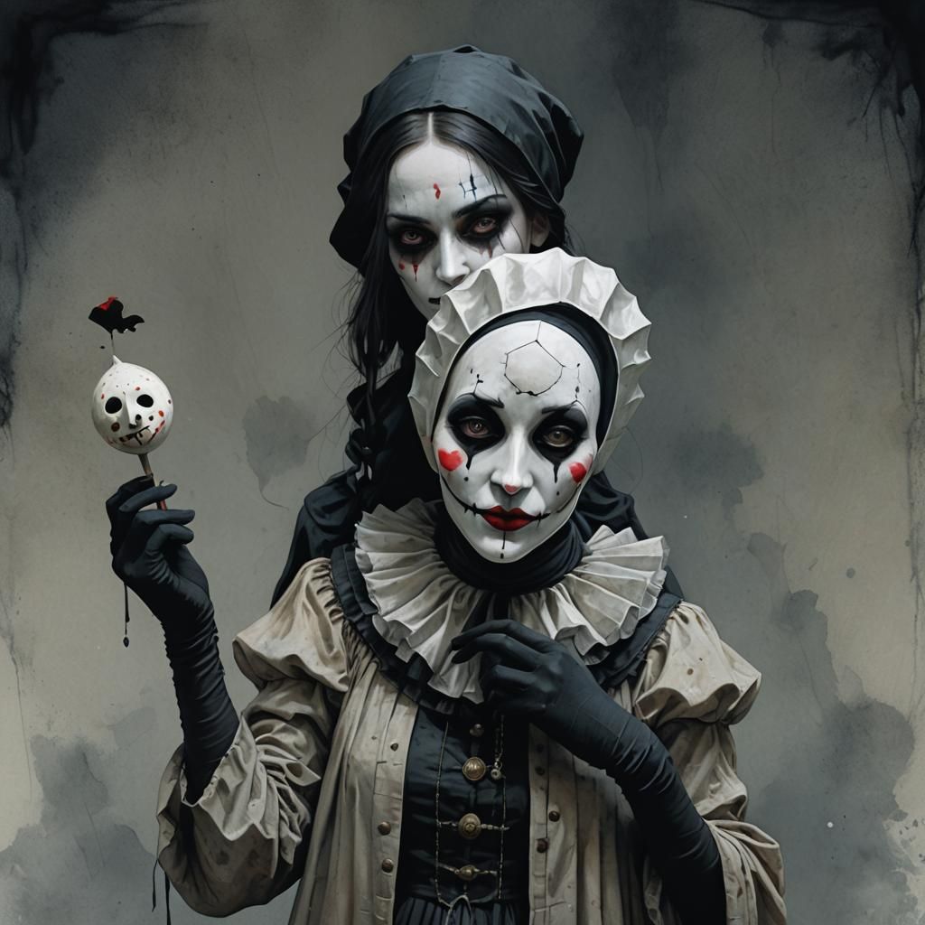 Gothic Girl with Pierrot Mask Watercolor Art