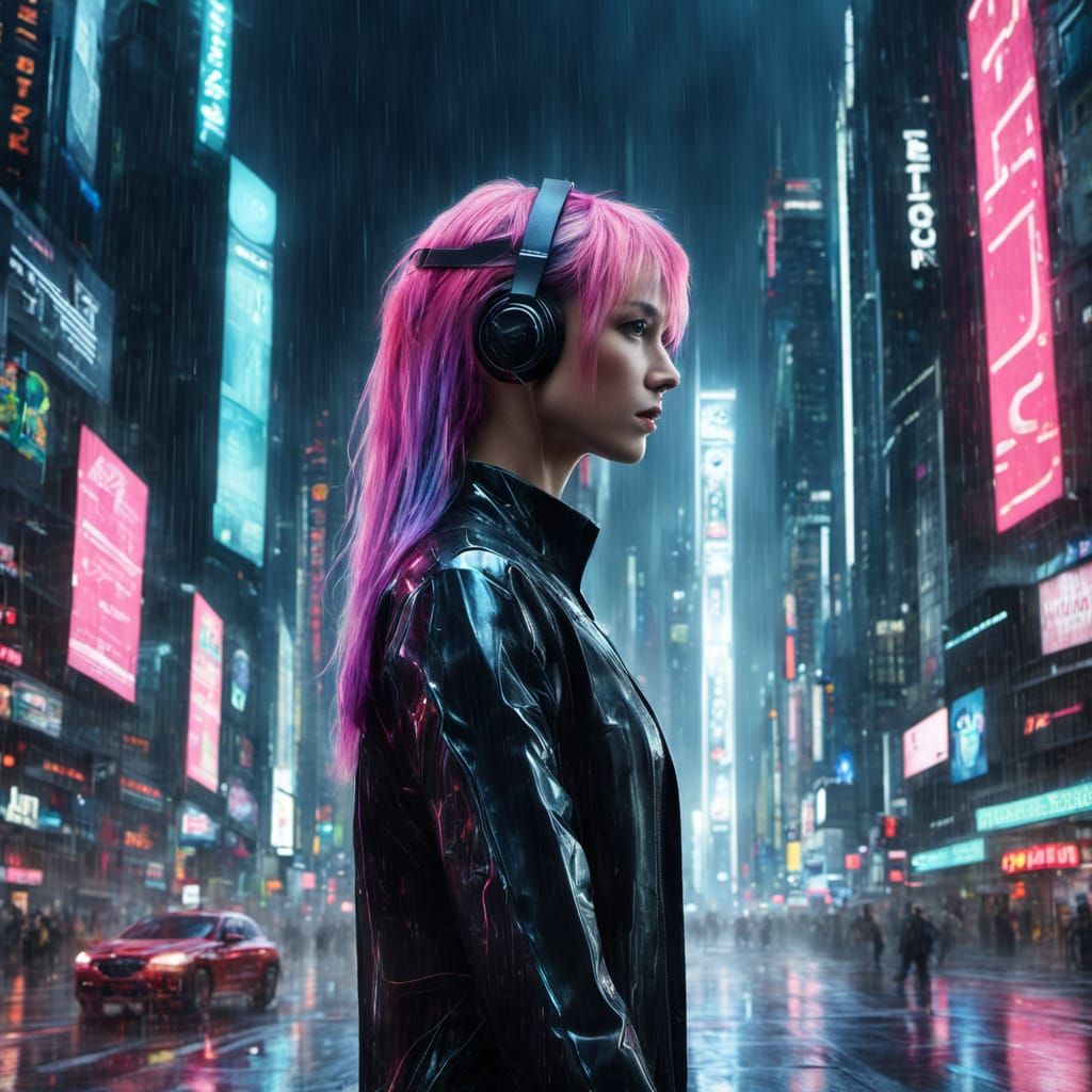 Cyberpunk Woman in Rain-Slicked Cityscape