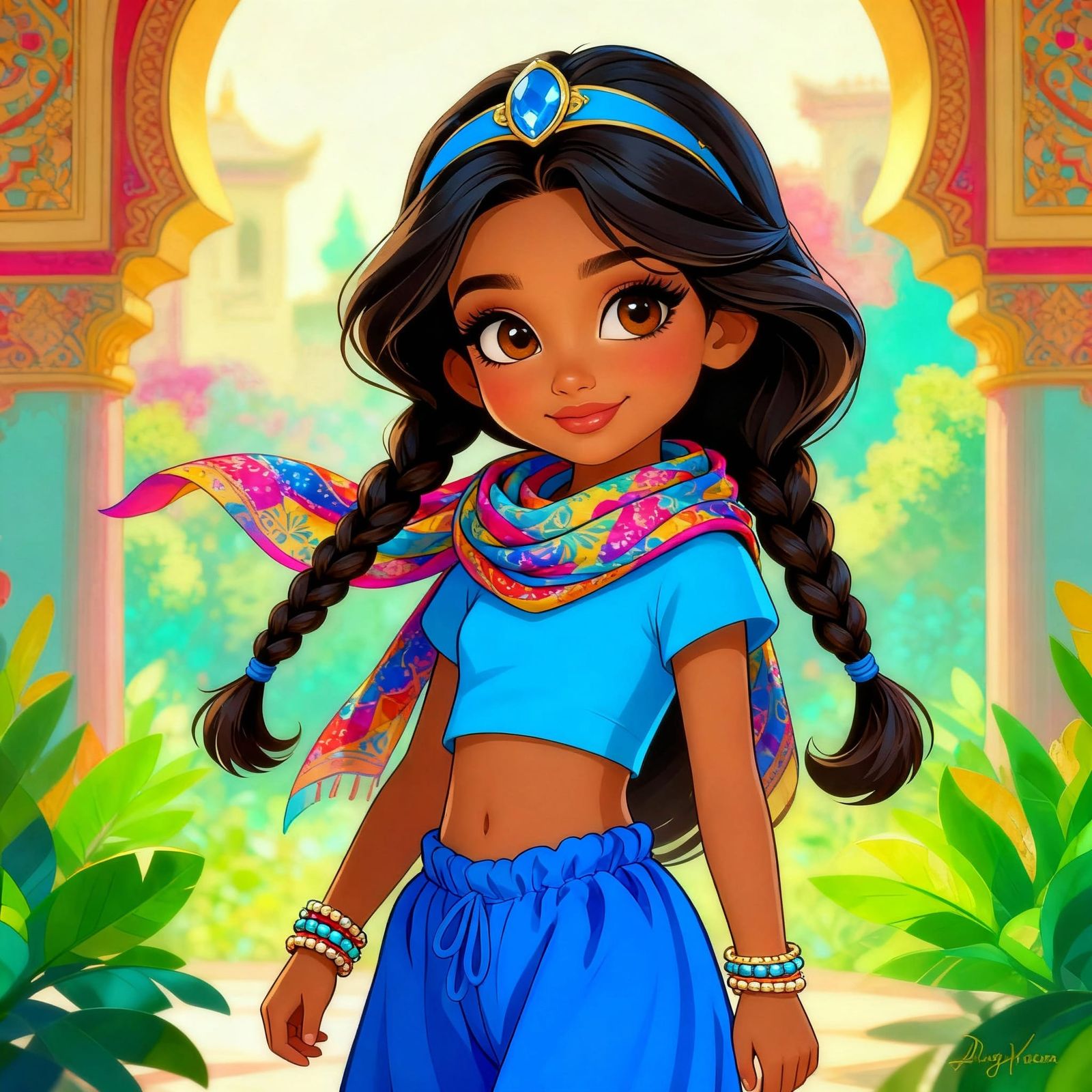 Little Girl Explorer with Braids and Blue Outfit