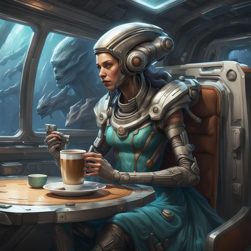 Alien Goddess Sipping Coffee in Space Shuttle