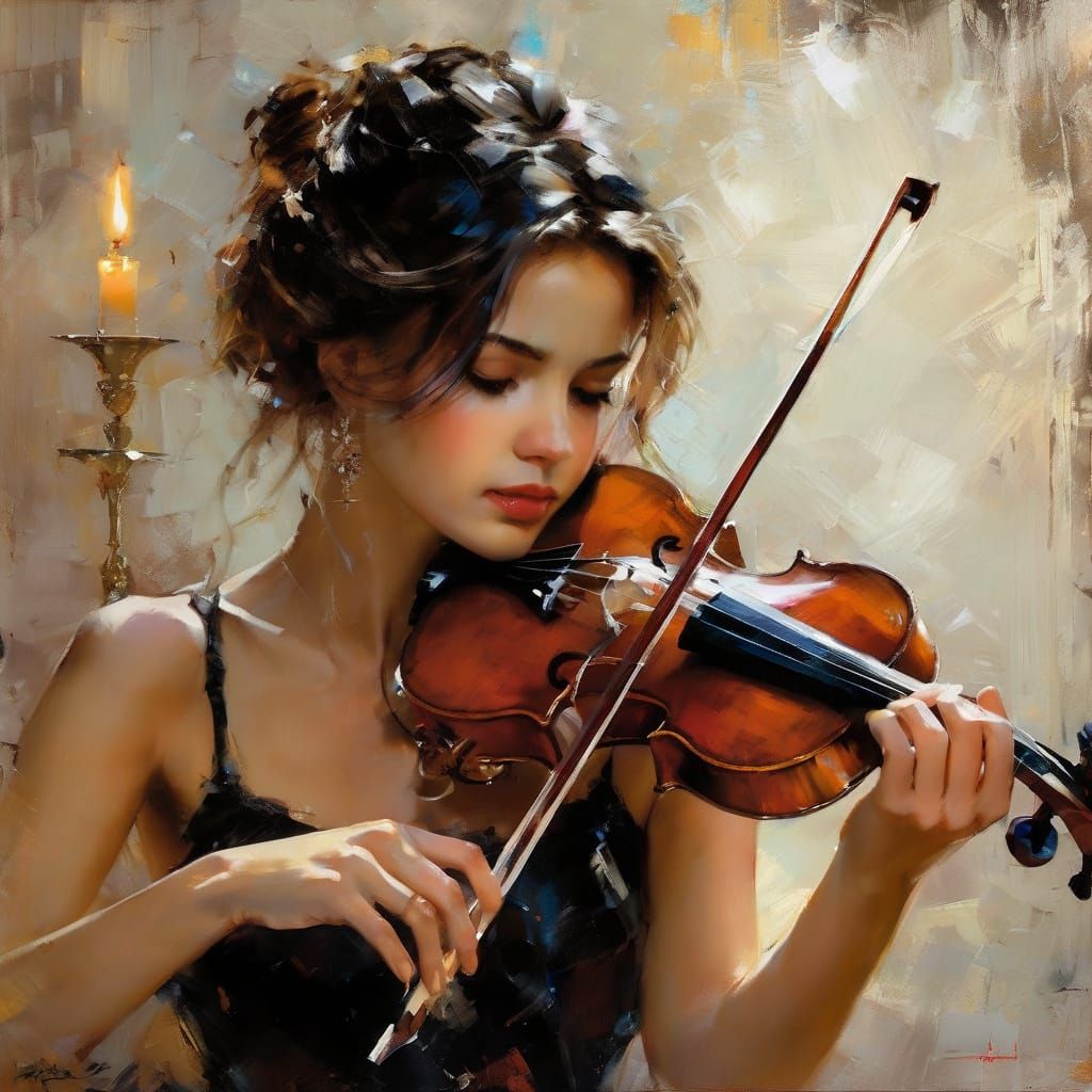 Fine Art Portrait of Woman Playing Violin by Candlelight