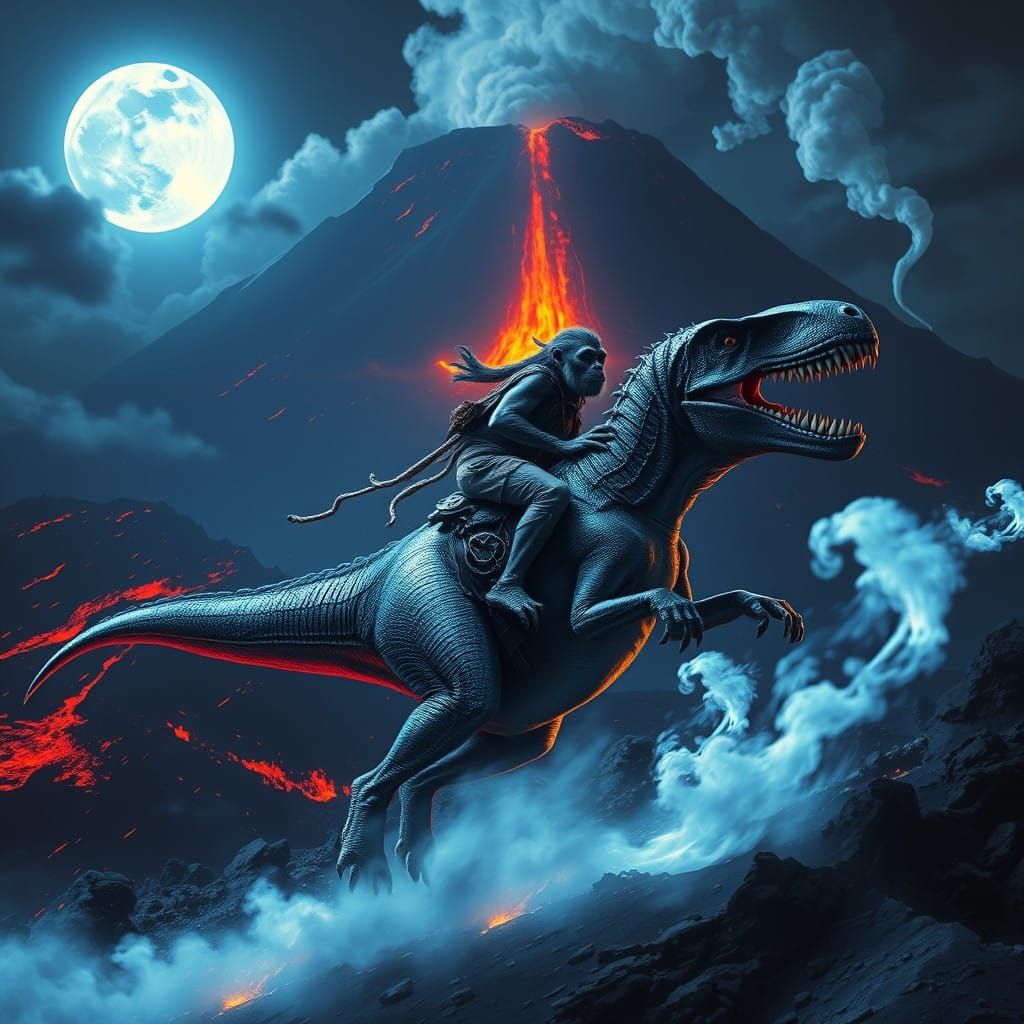 Surreal Cyberpunk Warrior Monkey Rides Tyrannosaur Amidst Vo...