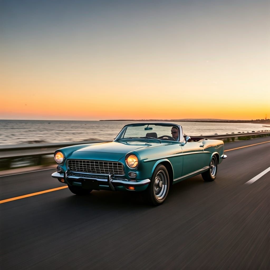 Convertible Car at Sunset on Coastal Highway