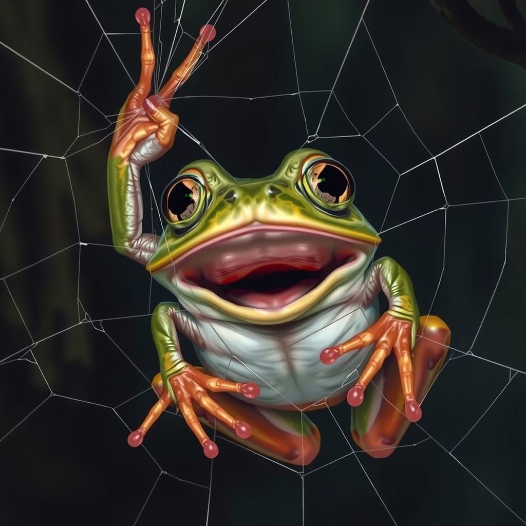 Frog's Horrific Web Encounter: Realistic Wildlife Art