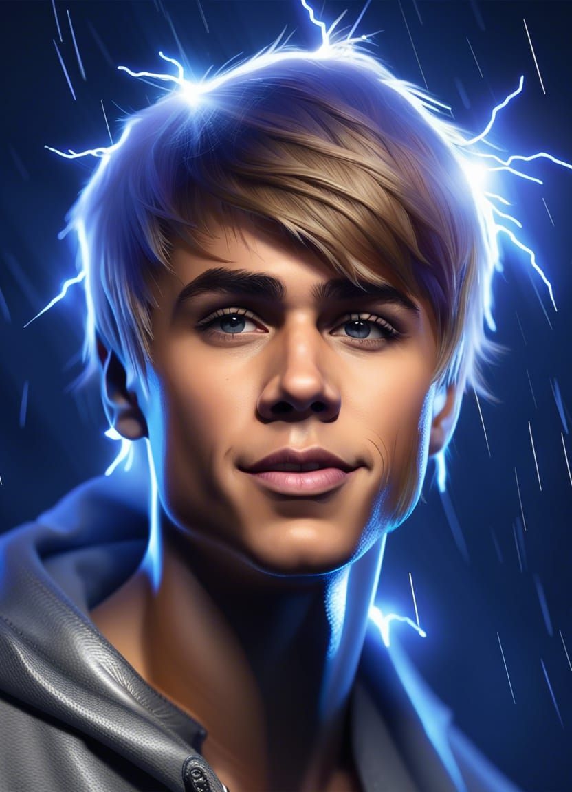 Justin Bieber Portrait in Dramatic Night Sky, Digital Art