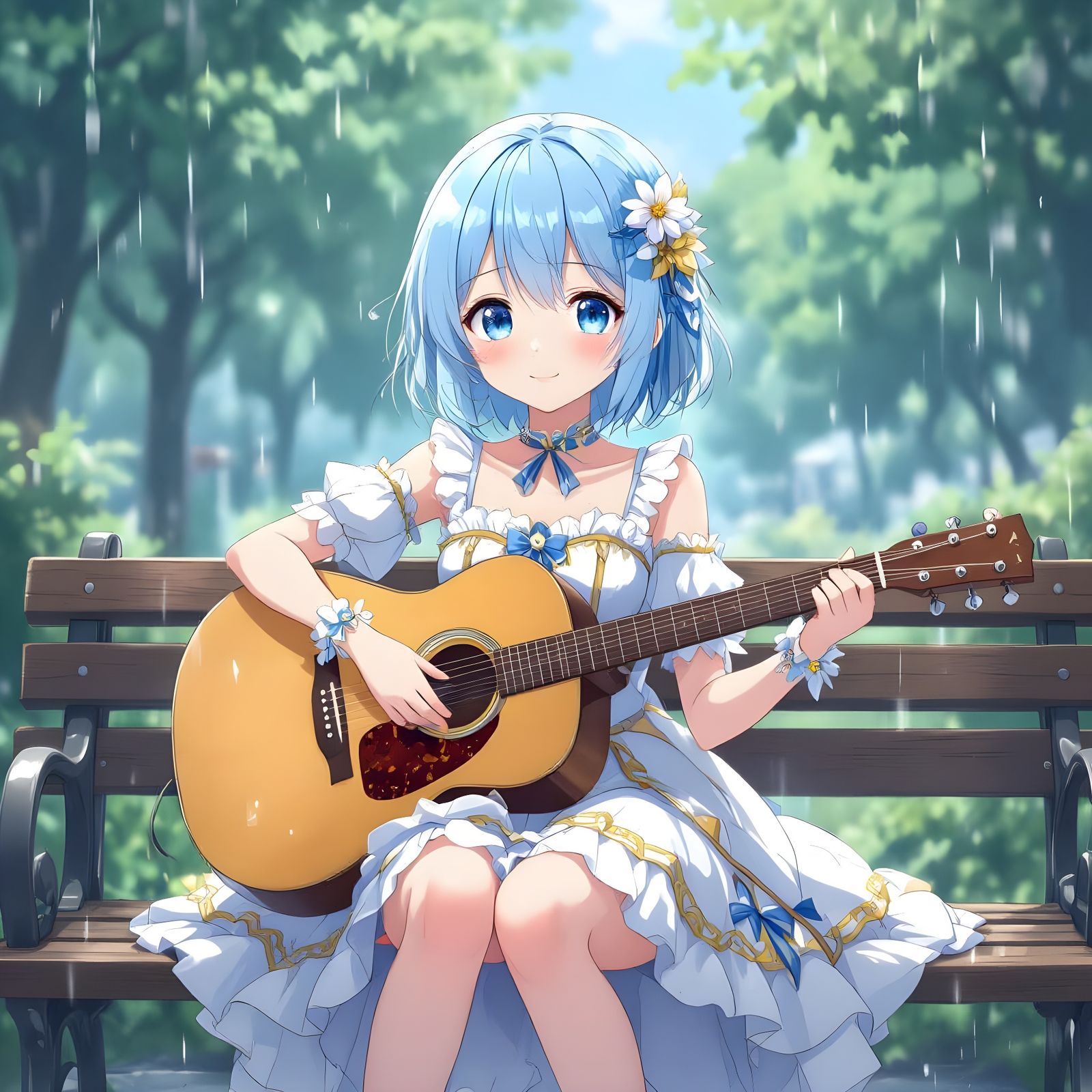 Anime Girl Playing Guitar in Gentle Rain