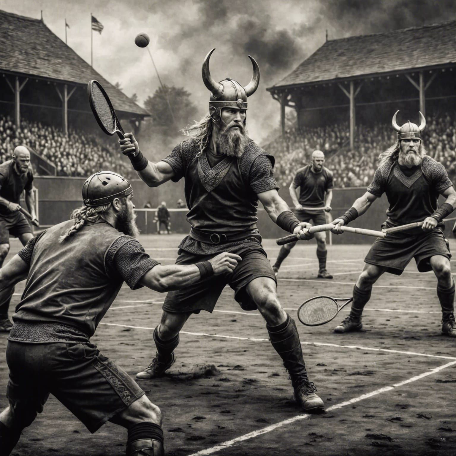 Vikings Play Tennis: Hyperdetailed Charcoal Drawing