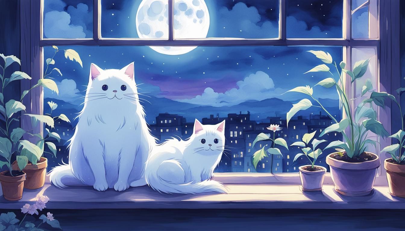 Anime Ghost and Cat Moon Gazing Watercolor Art