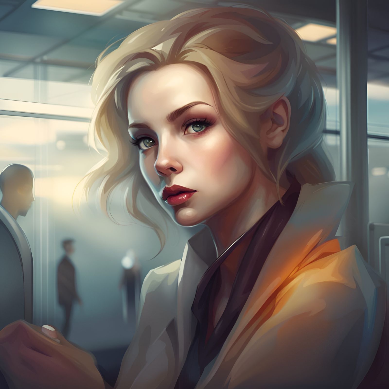 Poised Woman at Airport Gate in Fine Art Style
