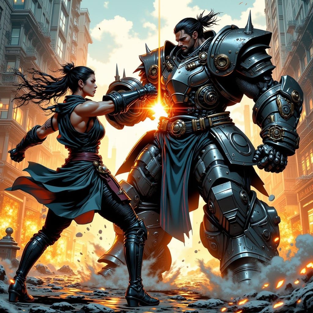 Manga Couple in Armor Fighting Mecha in Futuristic City