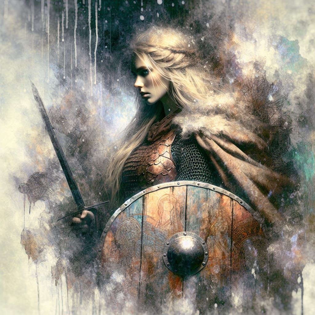 Viking Shieldmaiden in Rain, Gothic Sketch Style