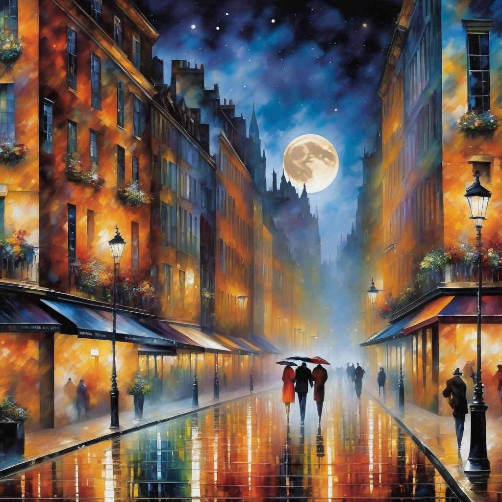 Romantic Embrace in Maximalist Street Scene