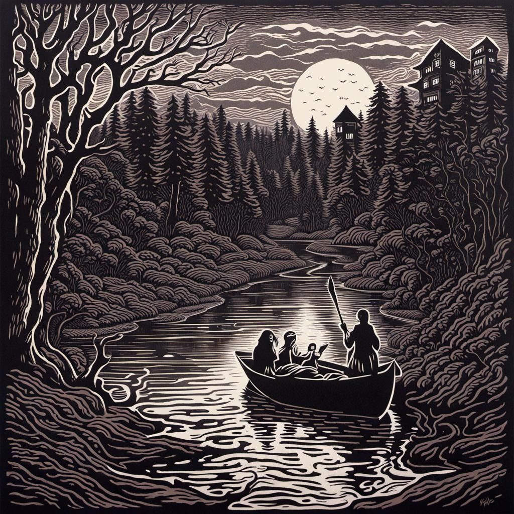 Ghost River, Horror Fantasy, Linocut