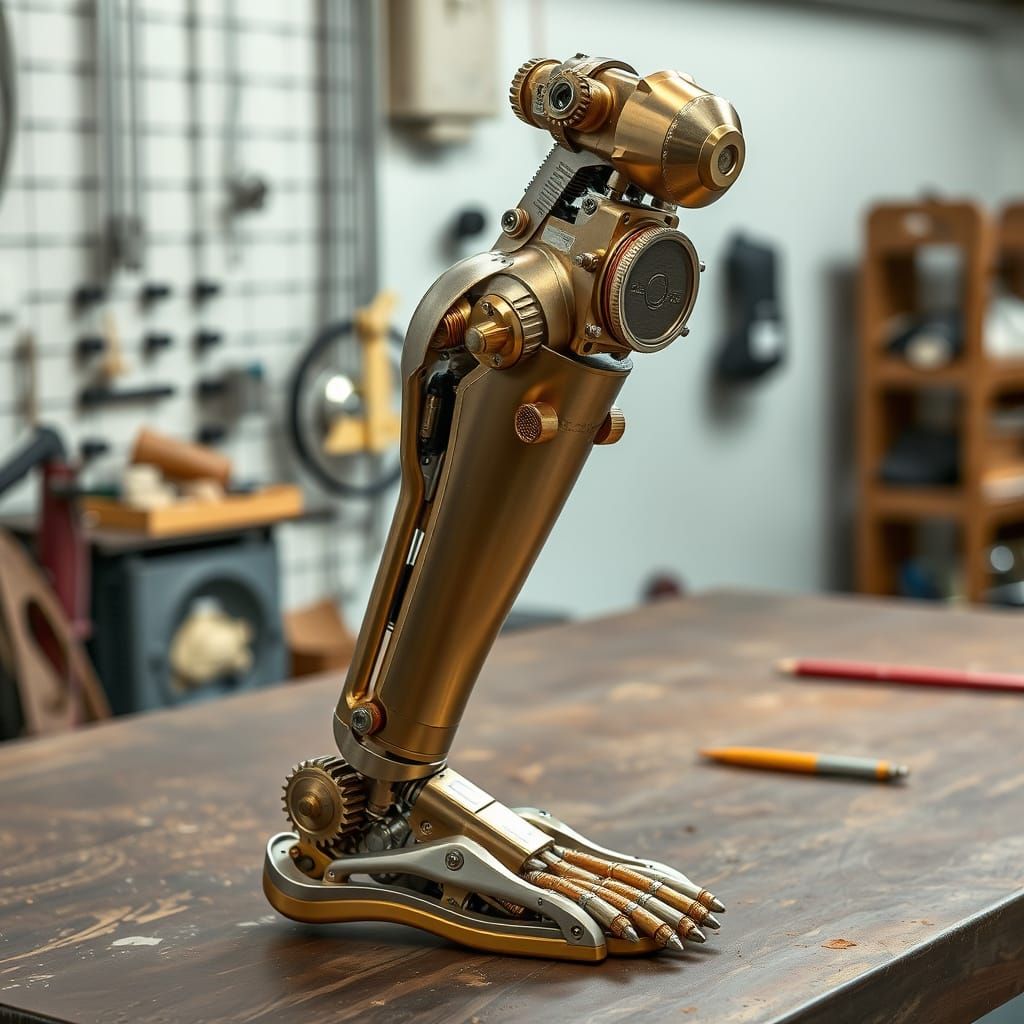 Steampunk Prosthetic Leg on Workbench, Mid-Assembly