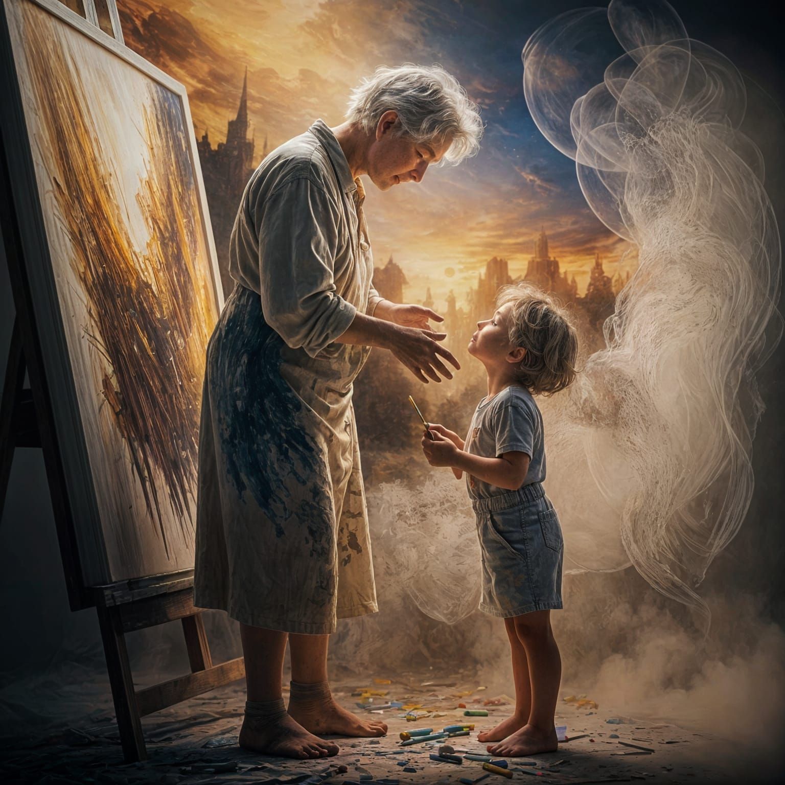 Artist Meets Child Self in Dreamlike Landscape