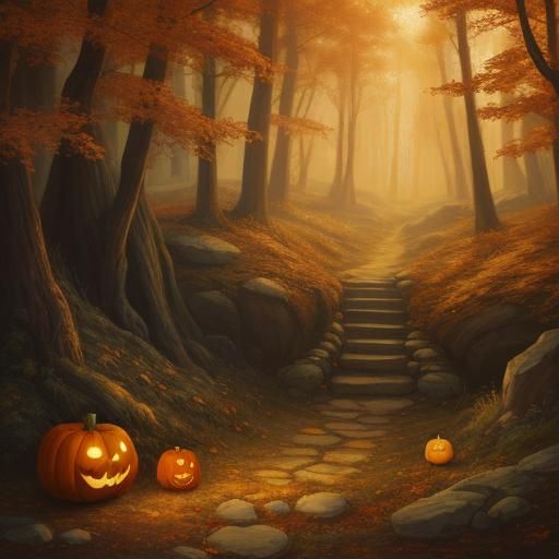 Pumpkins invite you to climb the steps and follow the path through the glowing woods to who-knows-where.