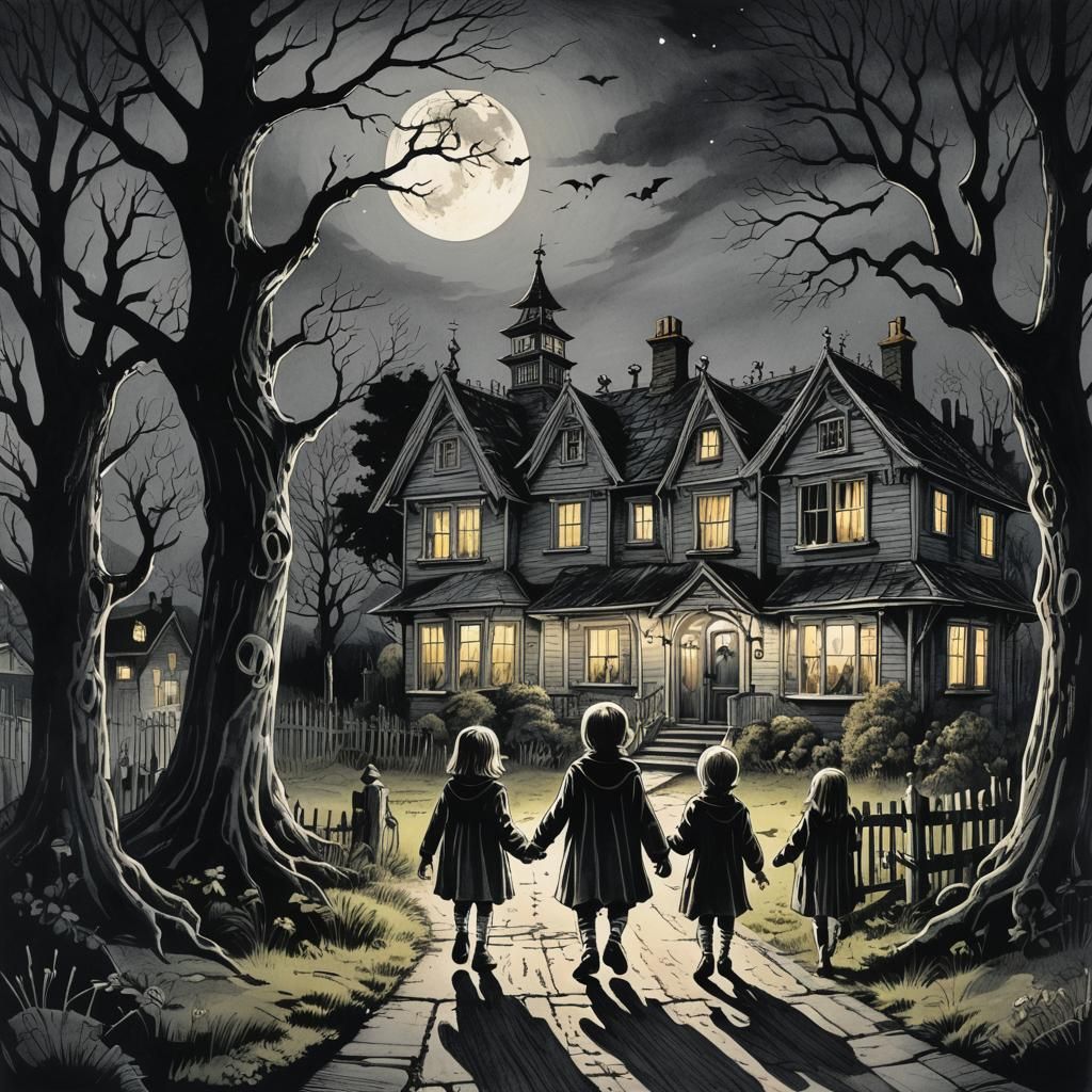 Eerie Halloween: Children Approach Scary House in Ink Illust...
