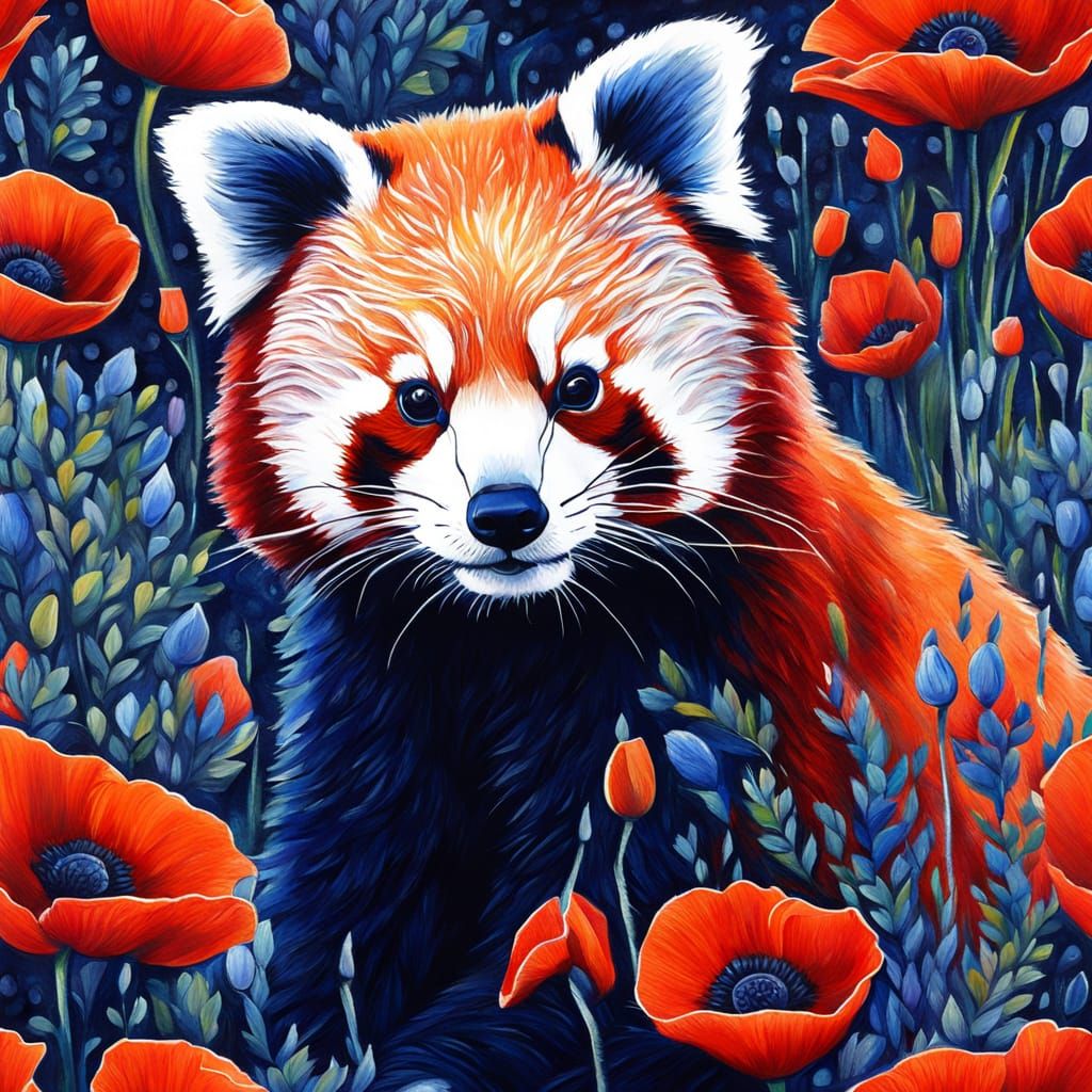 Abstract Red Panda Among Poppies in Vibrant Summer Colors