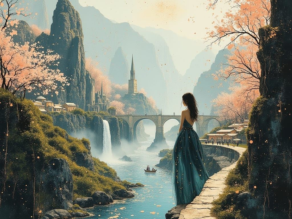 Fantastical Cityscape with Lush Greenery and Ancient Arches