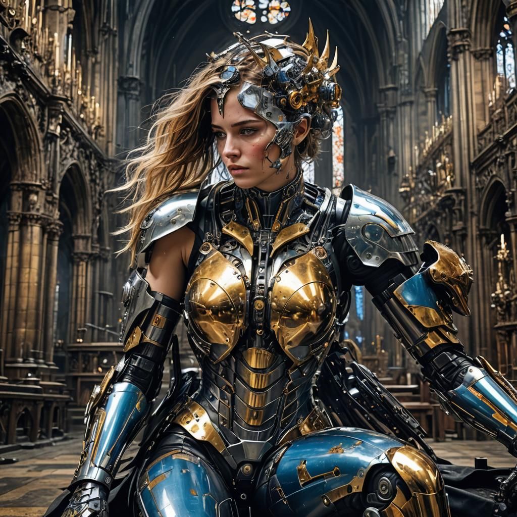 Sad Cyborg Woman in Gothic Church, Biomechanical Style