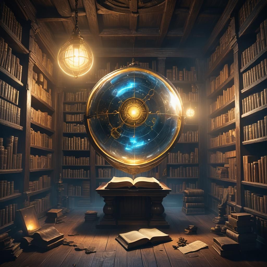 Mystical Orb Projects Scientific Diagram in Dark Study