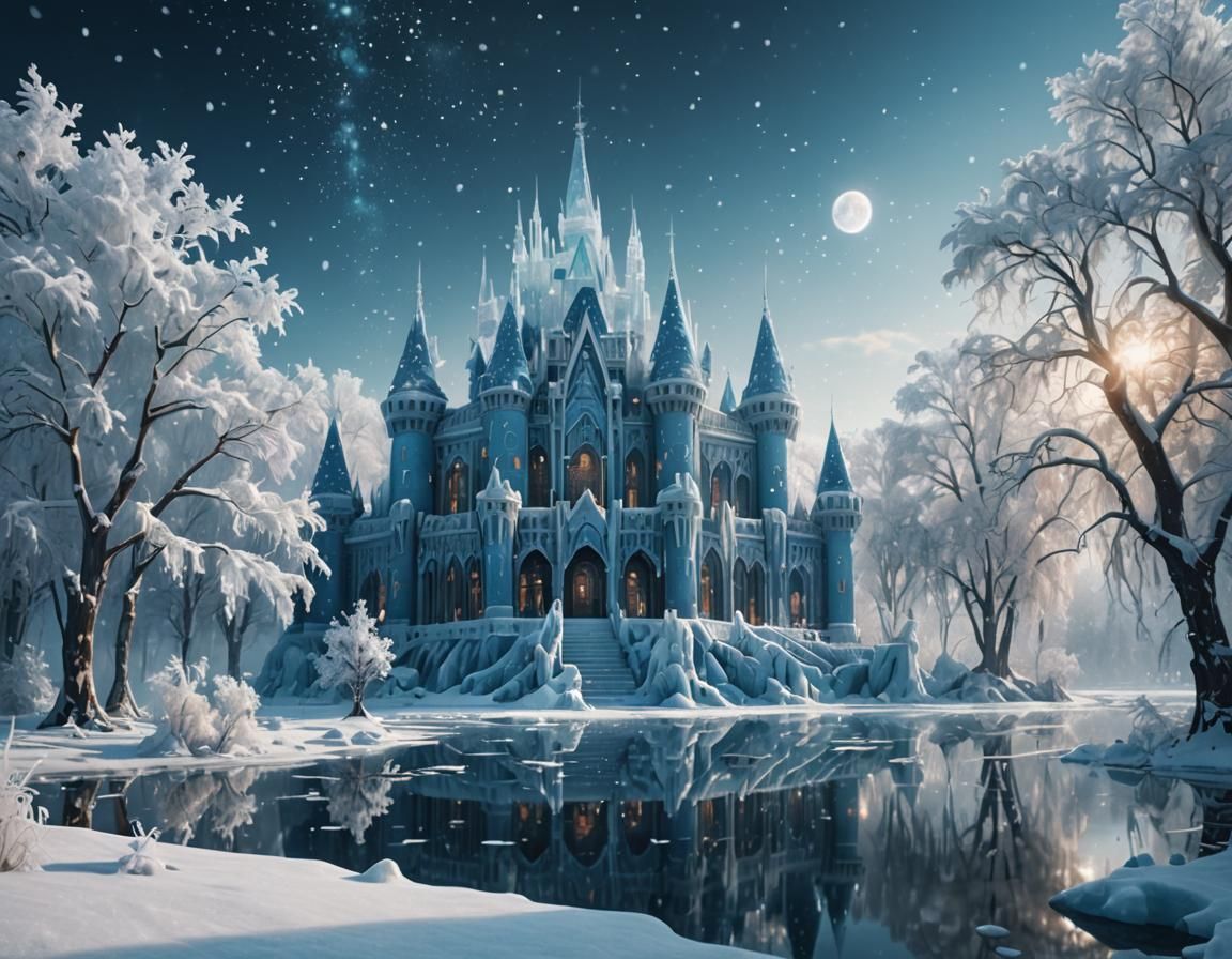 Glowing Ice Palace on Frozen Lake in Winter