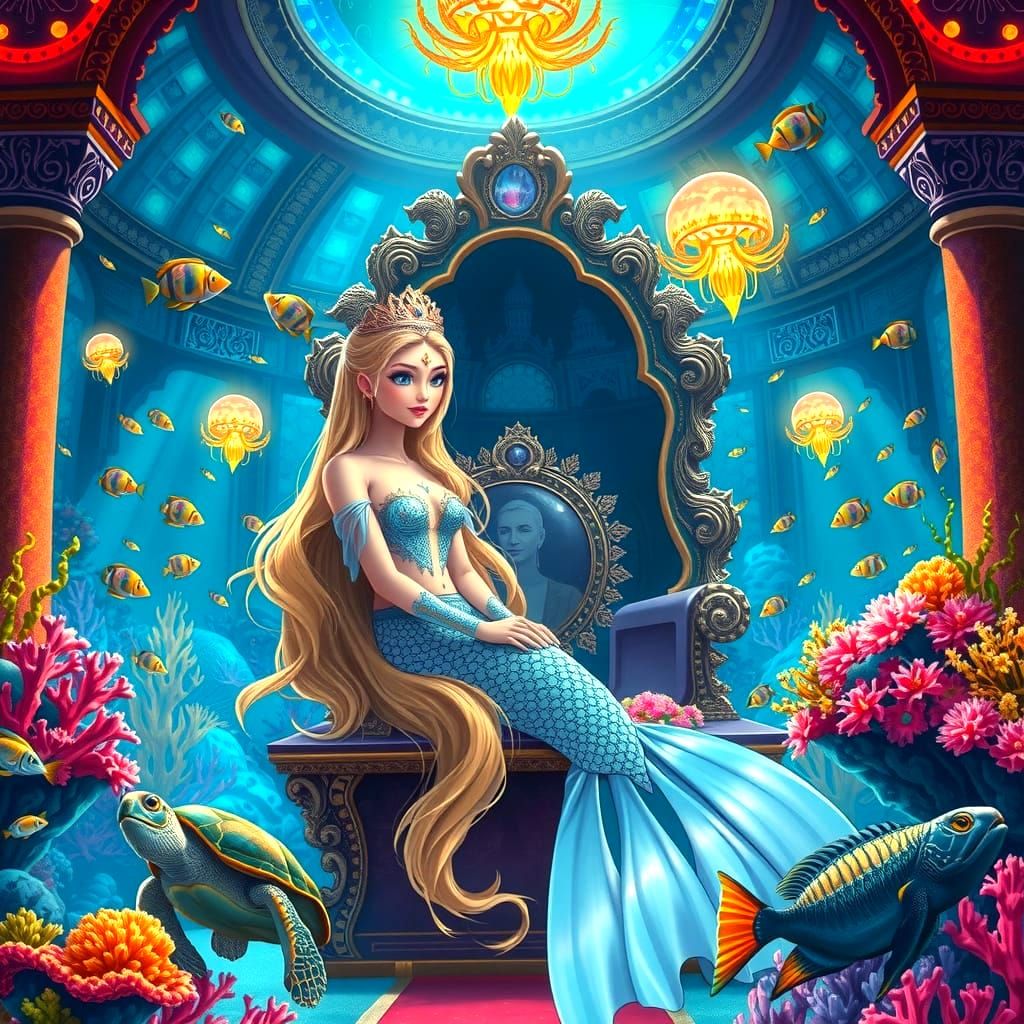 A regal mermaid queen in her throne